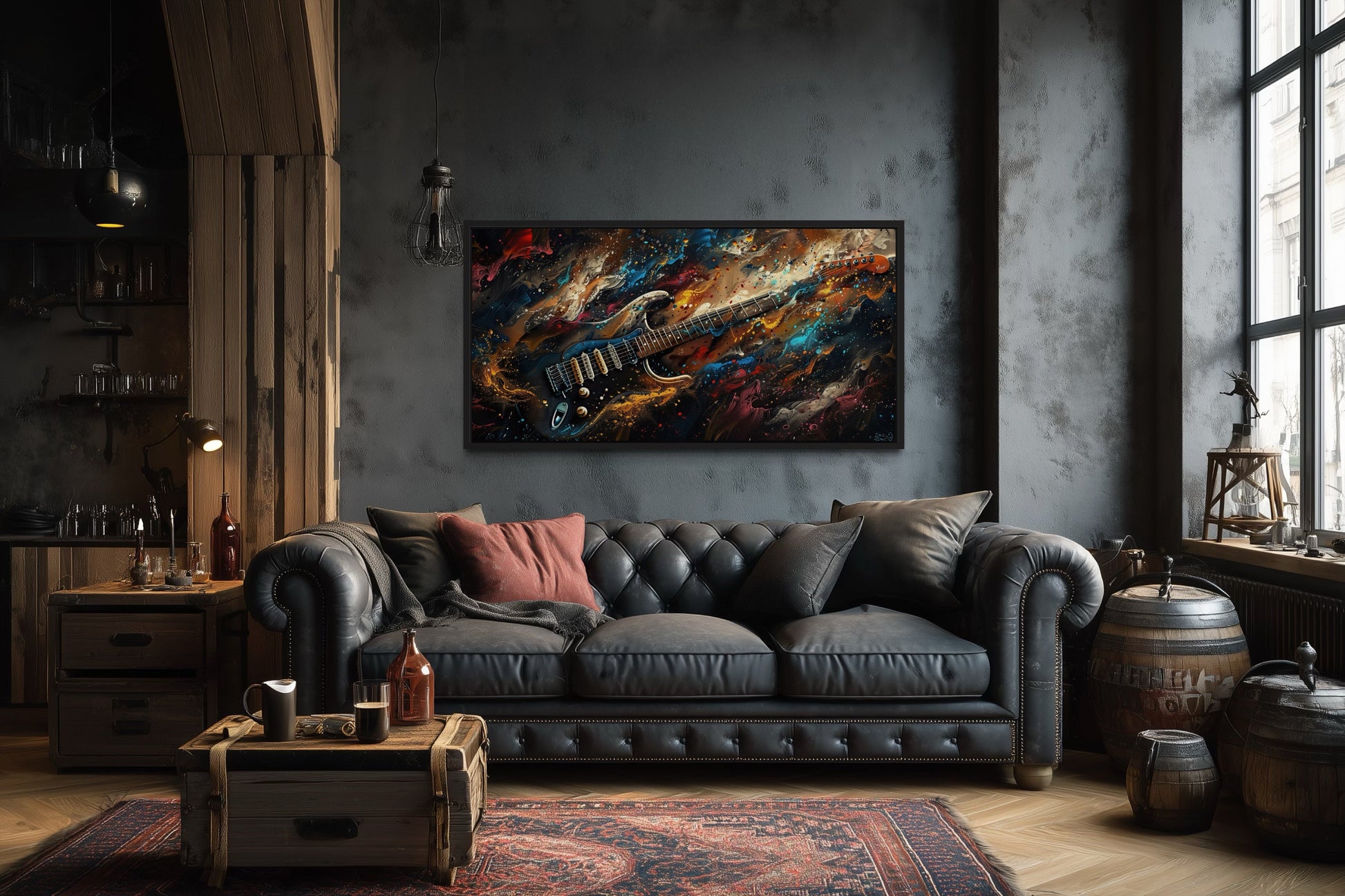 Dark Colorful Electric Guitar Framed Canvas Wall Art, Manly Music Room Decor