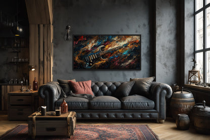 Dark Colorful Electric Guitar Framed Canvas Wall Art, Manly Music Room Decor