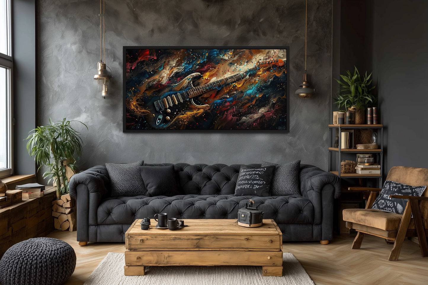 Dark Colorful Electric Guitar Framed Canvas Wall Art, Manly Music Room Decor