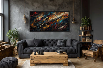 Dark Colorful Electric Guitar Framed Canvas Wall Art, Manly Music Room Decor