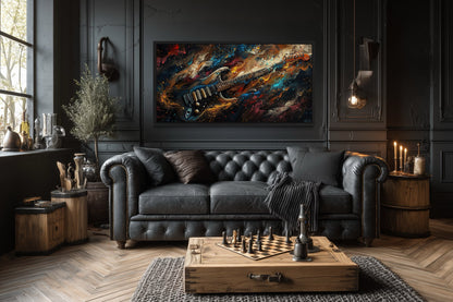 Dark Colorful Electric Guitar Framed Canvas Wall Art, Manly Music Room Decor