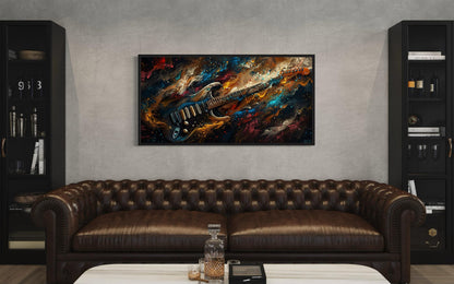 Dark Colorful Electric Guitar Framed Canvas Wall Art, Manly Music Room Decor