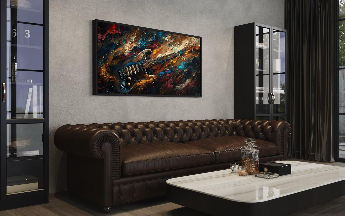Dark Colorful Electric Guitar Framed Canvas Wall Art, Manly Music Room Decor
