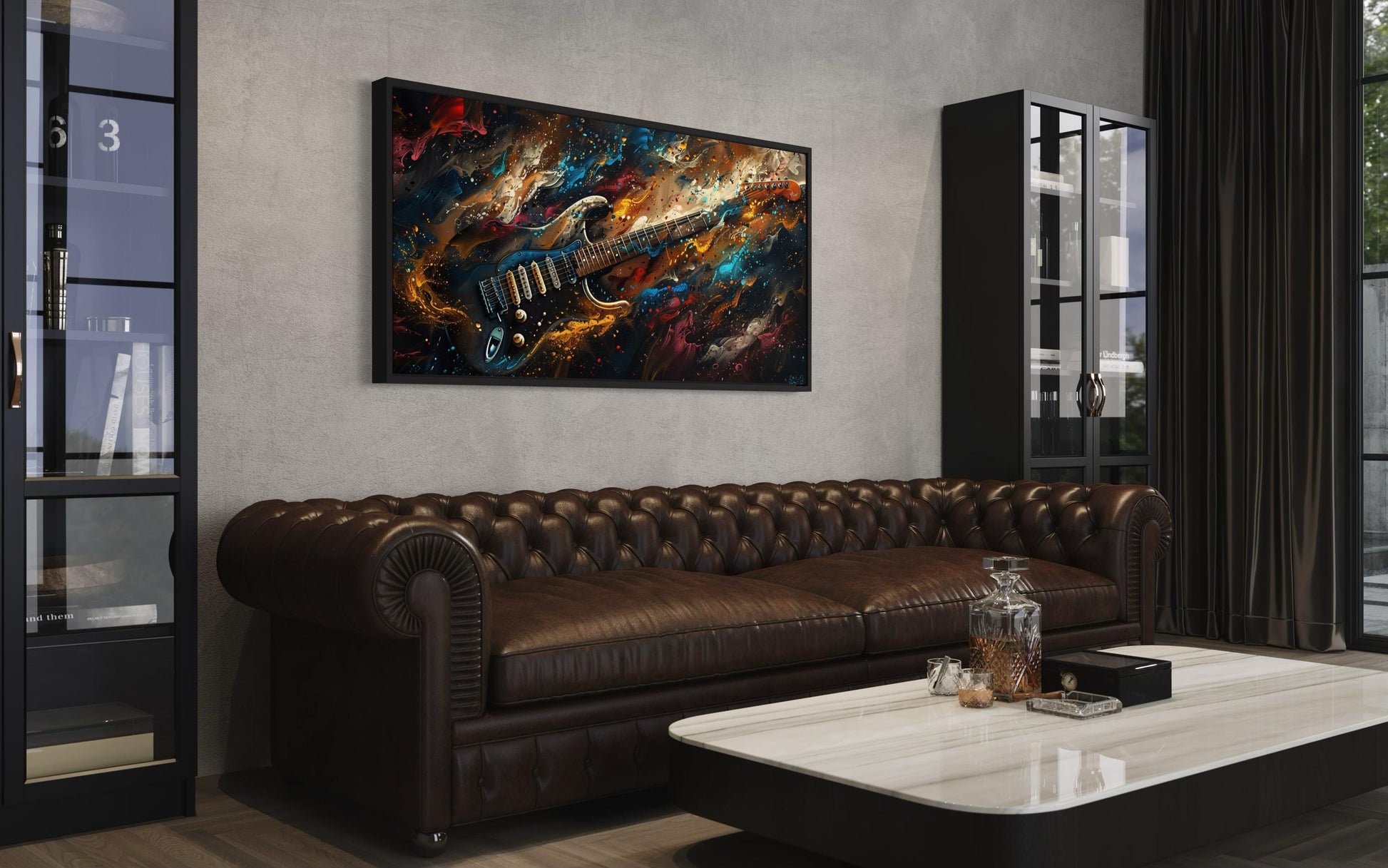 Dark Colorful Electric Guitar Framed Canvas Wall Art, Manly Music Room Decor