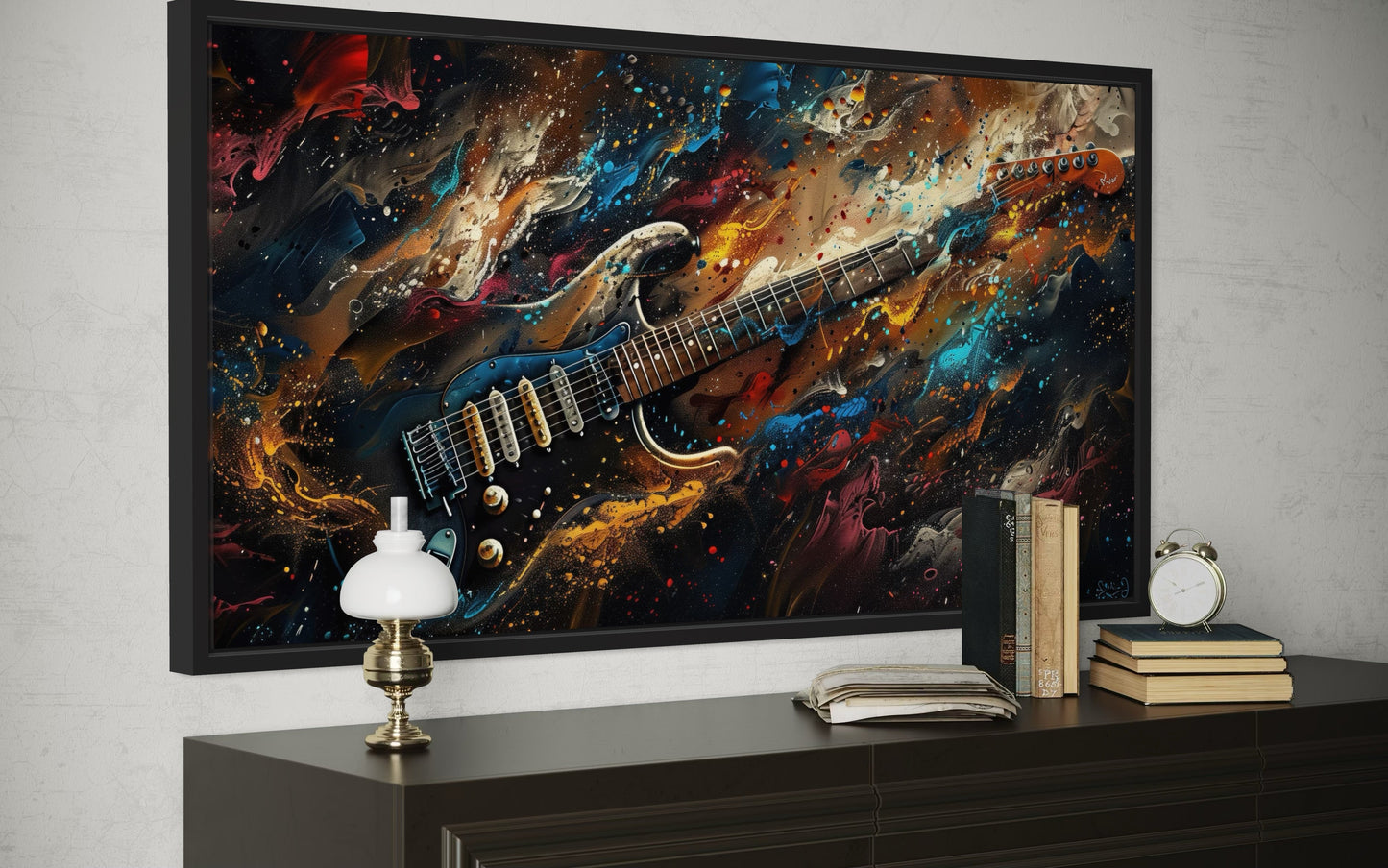 Dark Colorful Electric Guitar Framed Canvas Wall Art, Manly Music Room Decor