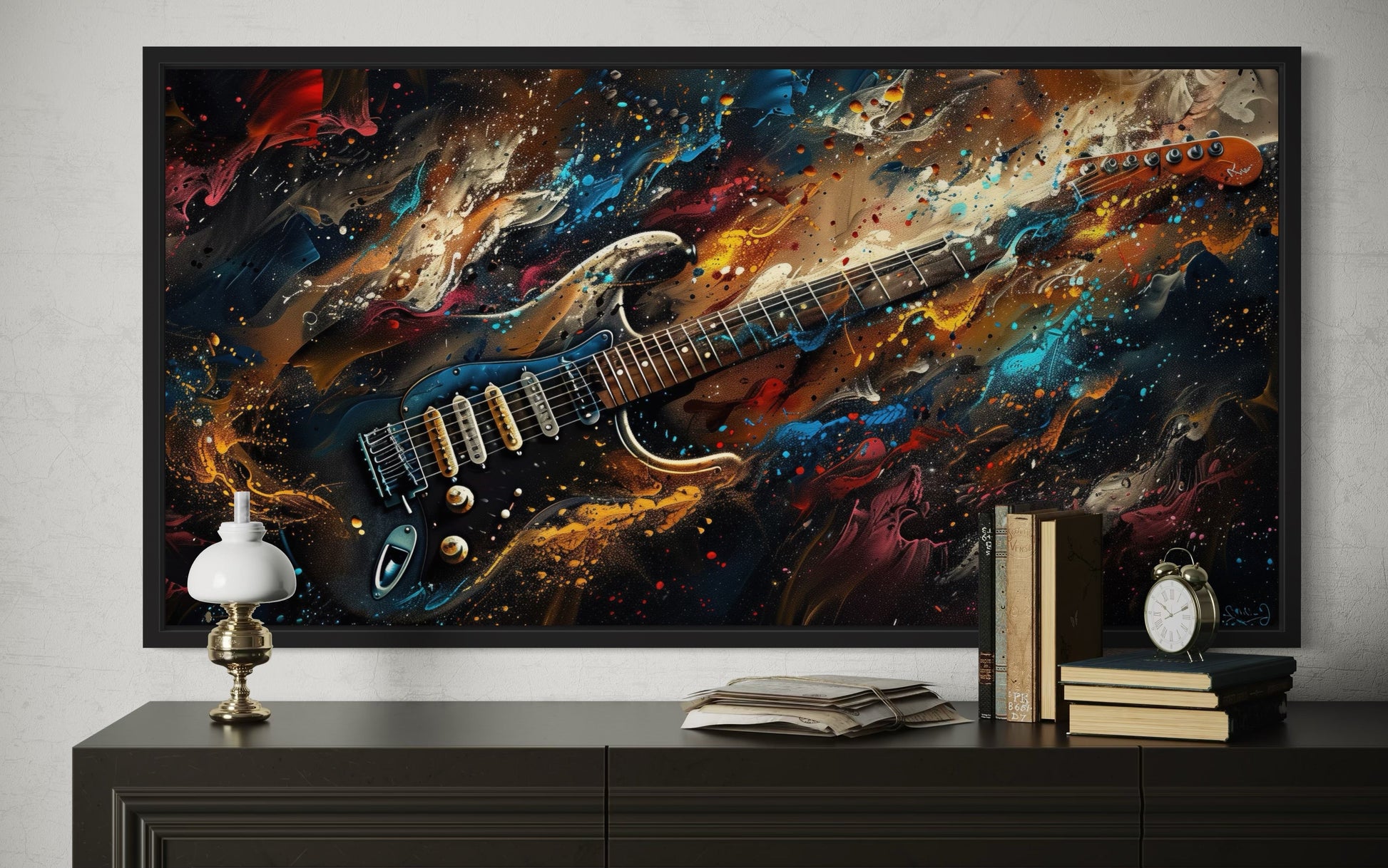 Dark Colorful Electric Guitar Framed Canvas Wall Art, Manly Music Room Decor