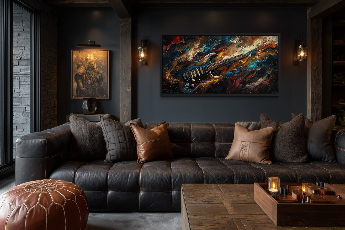 Dark Colorful Electric Guitar Framed Canvas Wall Art, Manly Music Room Decor