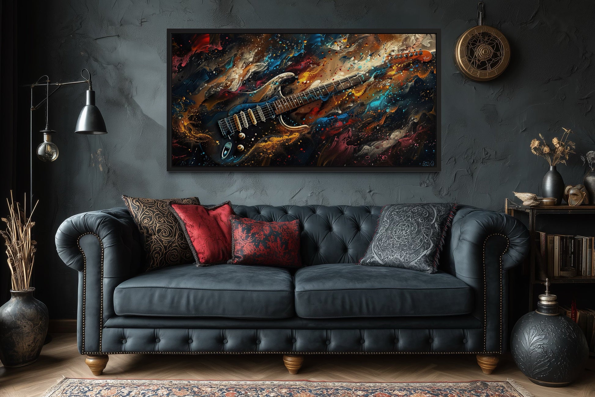 Dark Colorful Electric Guitar Framed Canvas Wall Art, Manly Music Room Decor