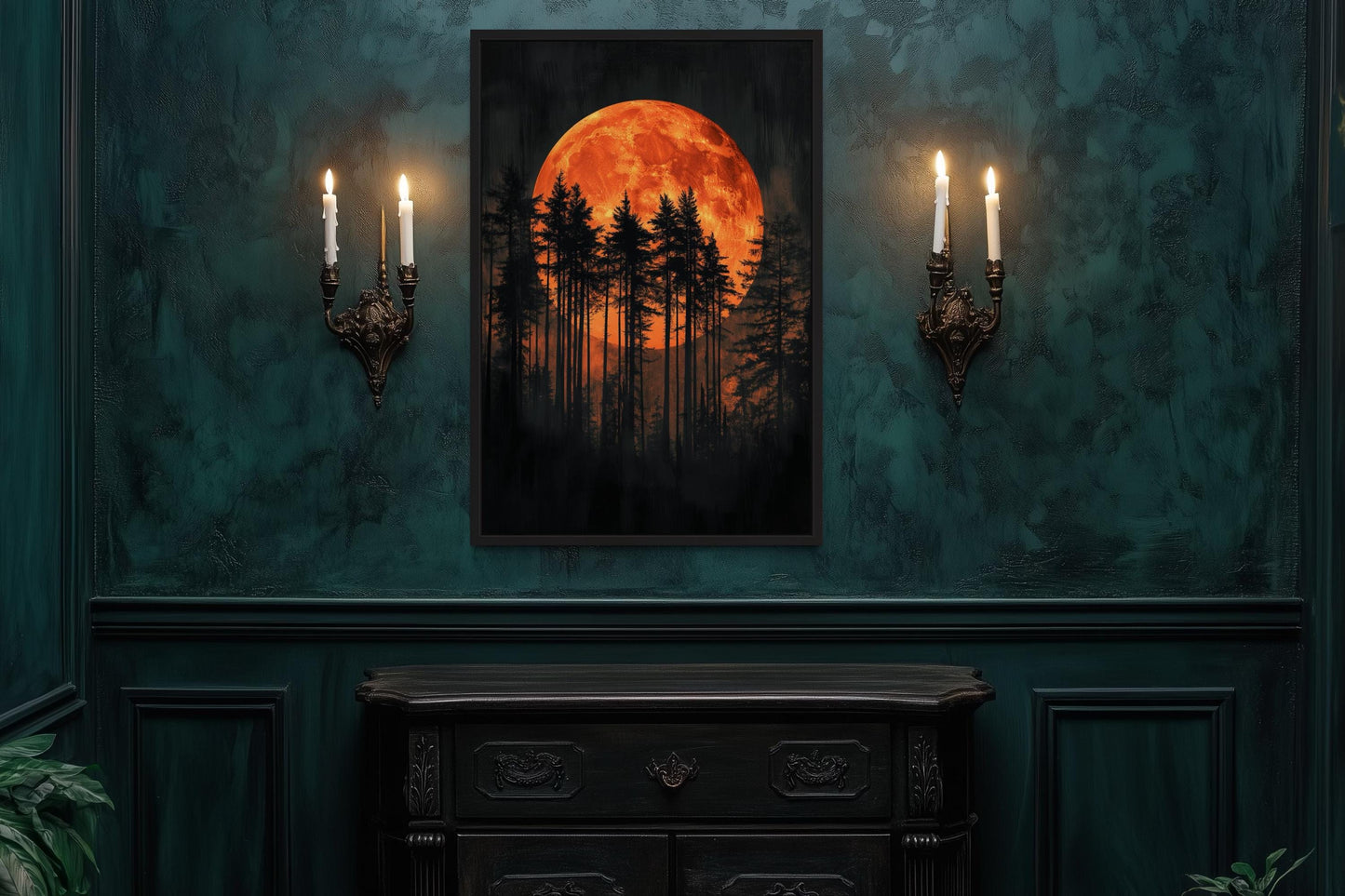 Dark Forest Trees Silhouettes Against Glowing Orange Halloween Moon Canvas Wall Art