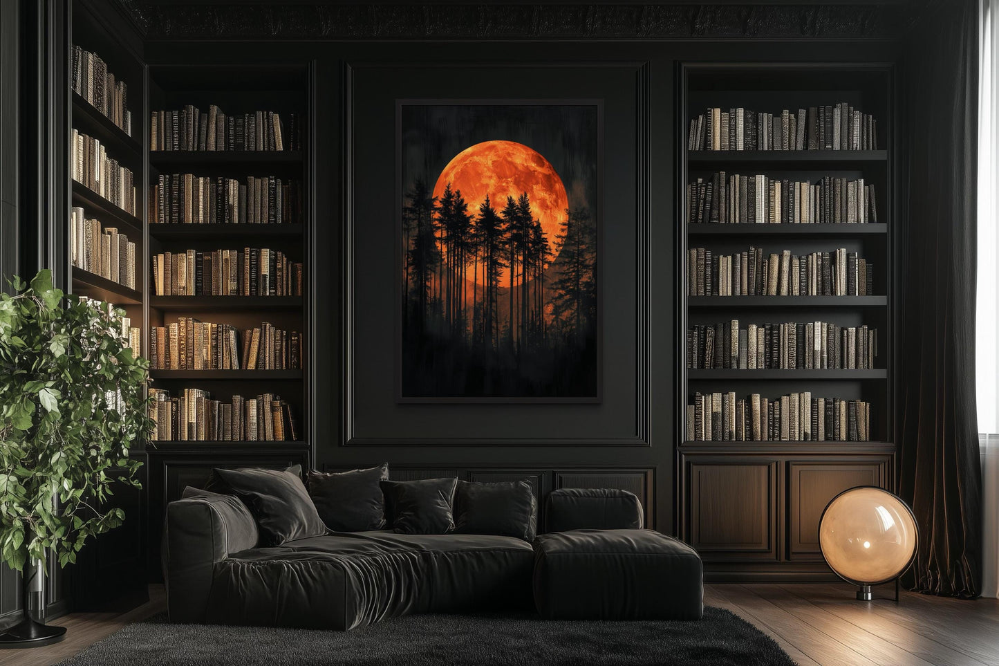 Dark Forest Trees Silhouettes Against Glowing Orange Halloween Moon Canvas Wall Art