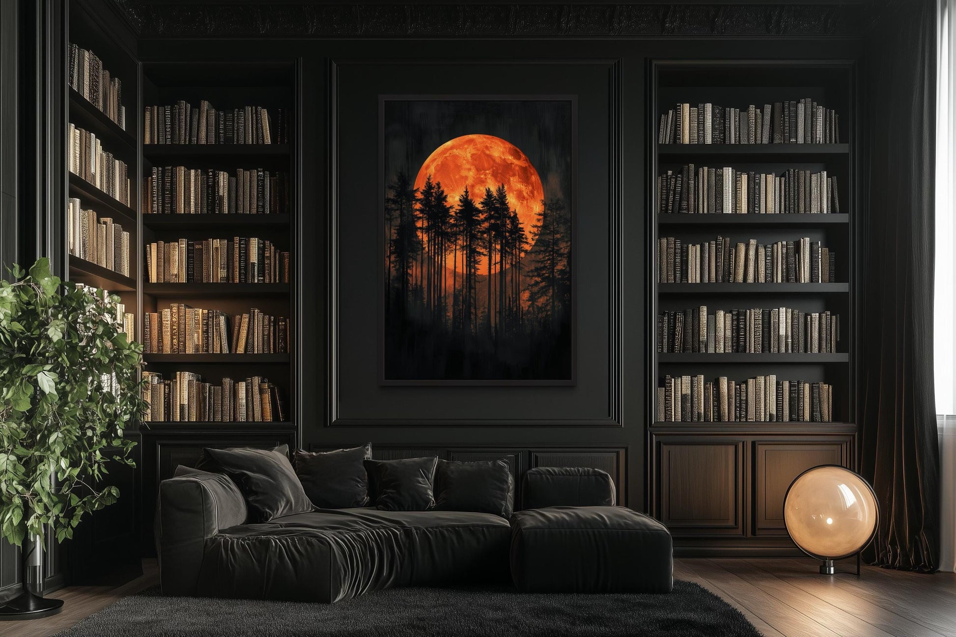 Dark Forest Trees Silhouettes Against Glowing Orange Halloween Moon Canvas Wall Art