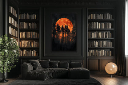 Dark Forest Trees Silhouettes Against Glowing Orange Halloween Moon Canvas Wall Art