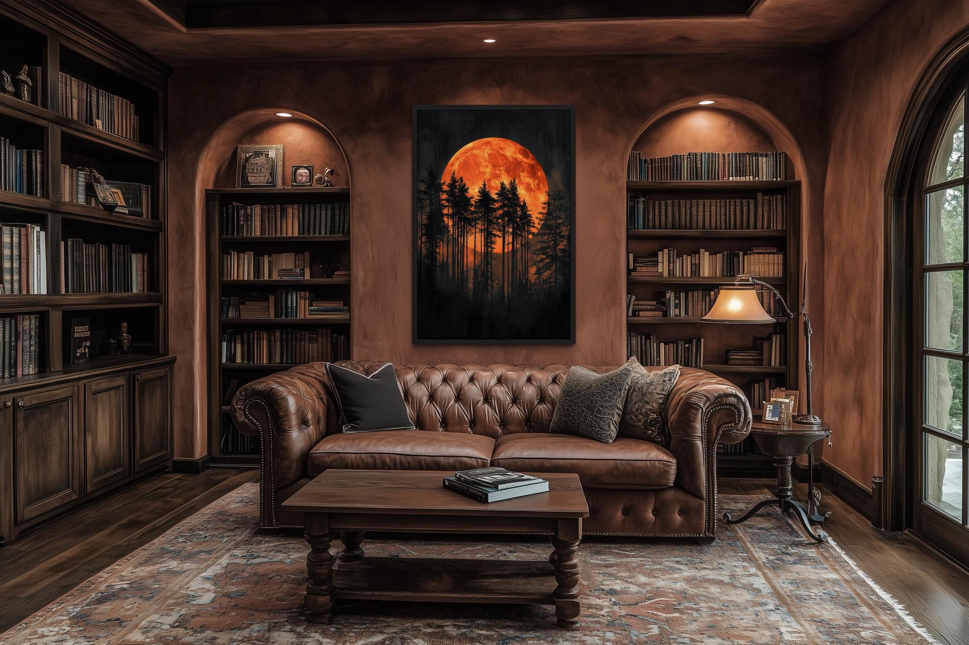 Dark Forest Trees Silhouettes Against Glowing Orange Halloween Moon Canvas Wall Art