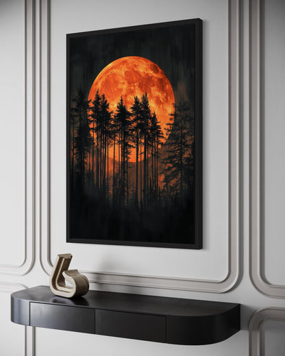 Dark Forest Trees Silhouettes Against Glowing Orange Halloween Moon Canvas Wall Art