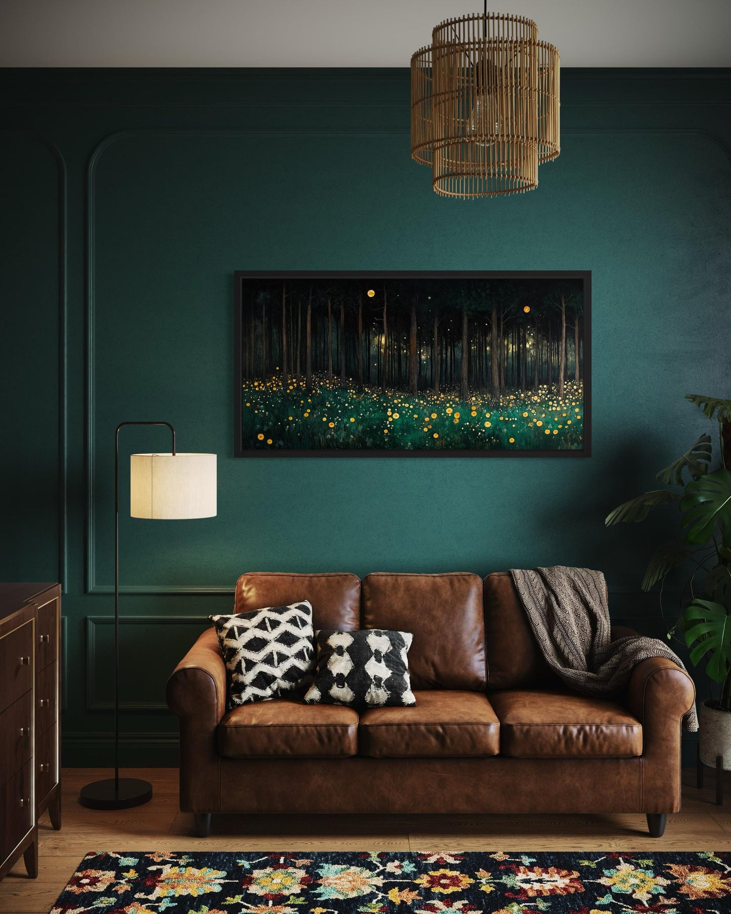 Dark Forest With Yellow Wildflowers Canvas Wall Art