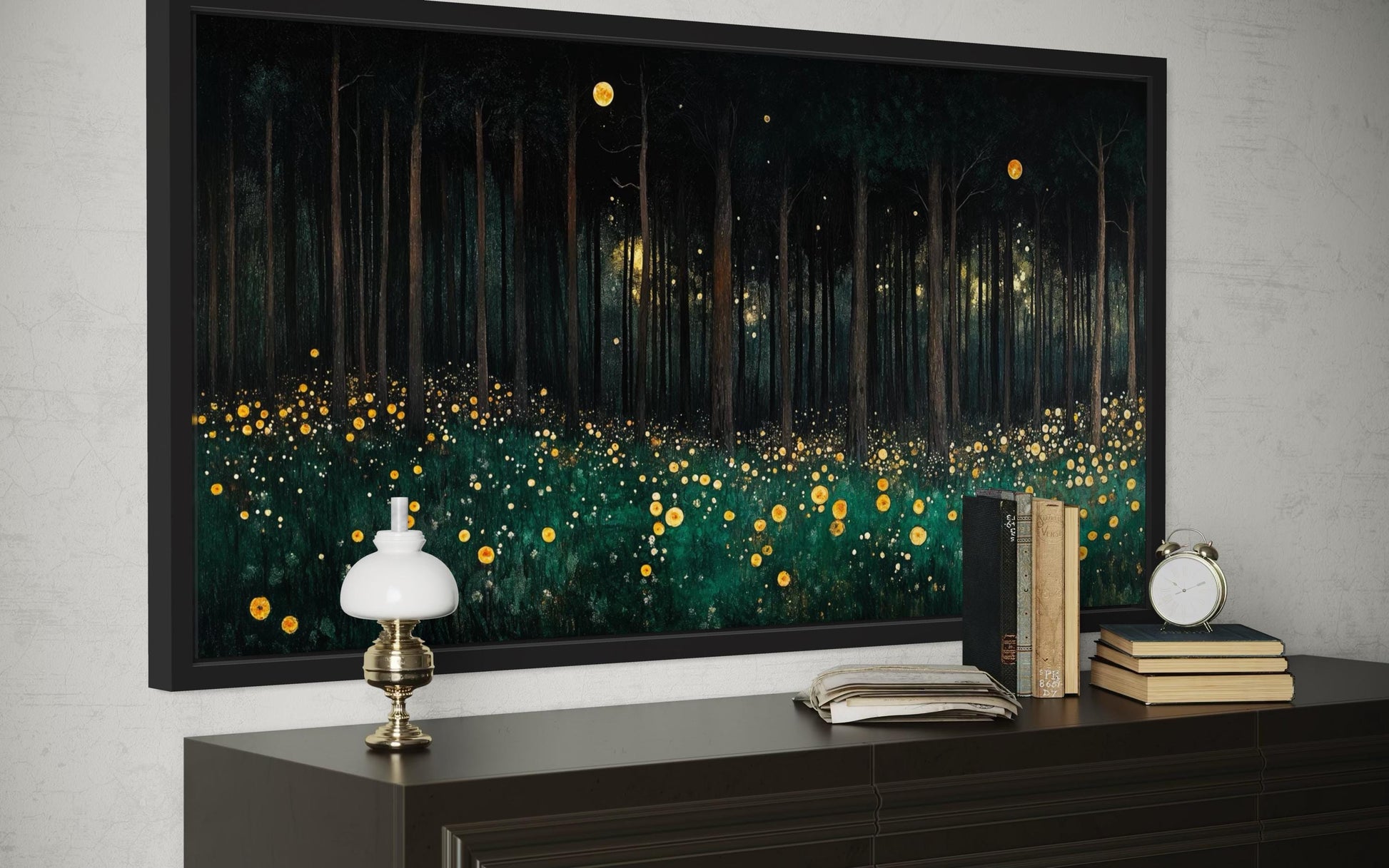 Dark Forest With Yellow Wildflowers Canvas Wall Art