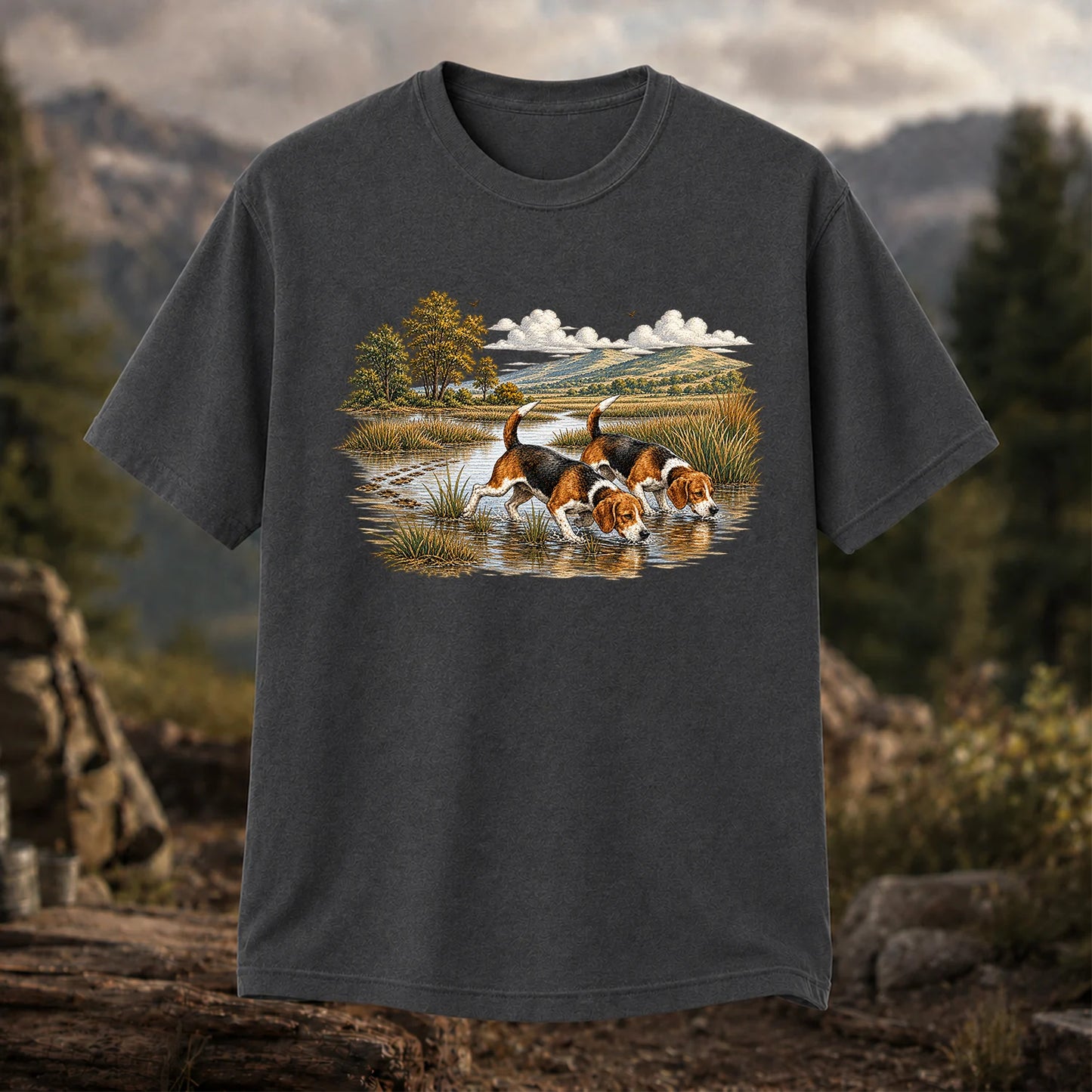 Beagles Tracking Through a Marsh T-Shirt, Vintage Hunting Dog Tee