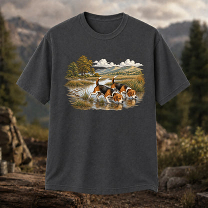Beagles Tracking Through a Marsh T-Shirt, Vintage Hunting Dog Tee