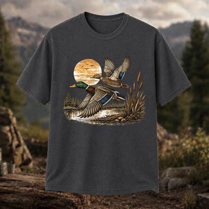 Mallard Ducks Flying at Sunset T-Shirt, Retro Waterfowl Hunting Tee