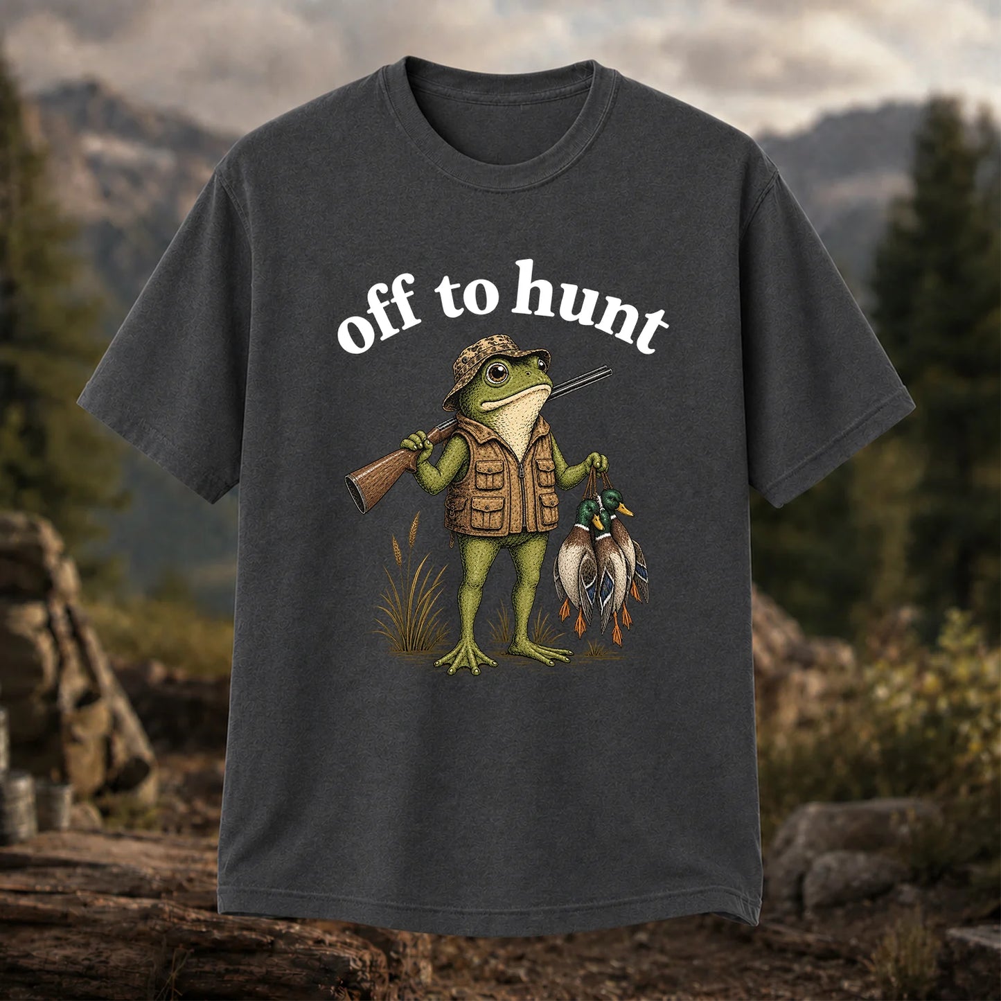 Off to Hunt T-Shirt, Funny Frog Duck Hunting Tee