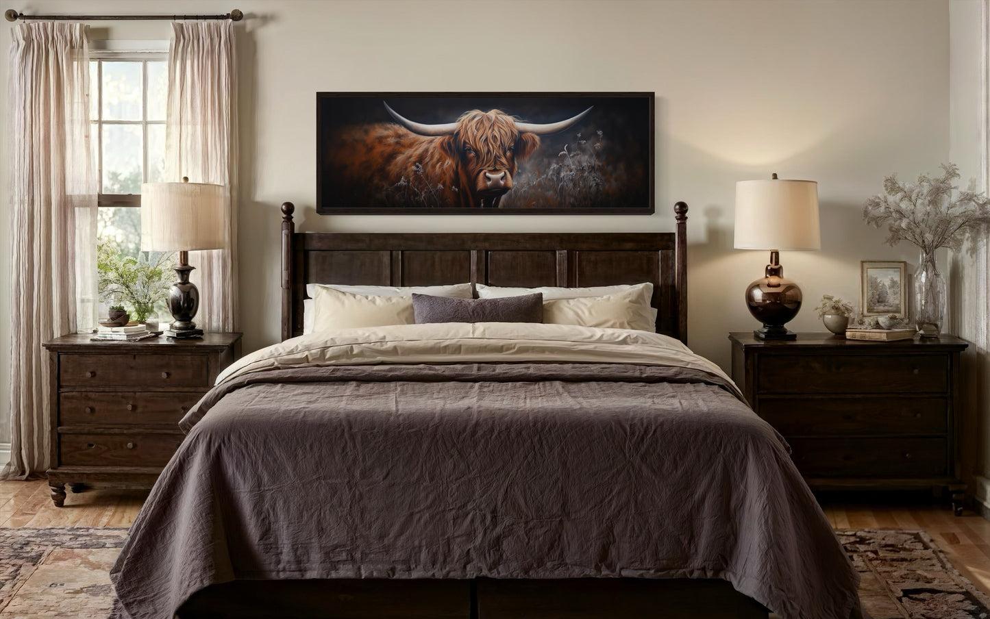 Dark Highland Cow In Grass Long Horizontal Canvas Wall Art Farmhouse Above Couch Decor