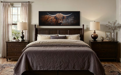 Dark Highland Cow In Grass Long Horizontal Canvas Wall Art Farmhouse Above Couch Decor
