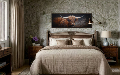 Dark Highland Cow In Grass Long Horizontal Canvas Wall Art Farmhouse Above Couch Decor