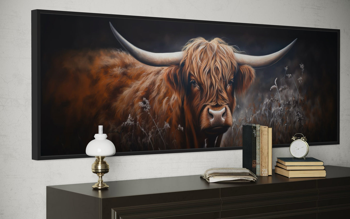 Dark Highland Cow In Grass Long Horizontal Canvas Wall Art Farmhouse Above Couch Decor