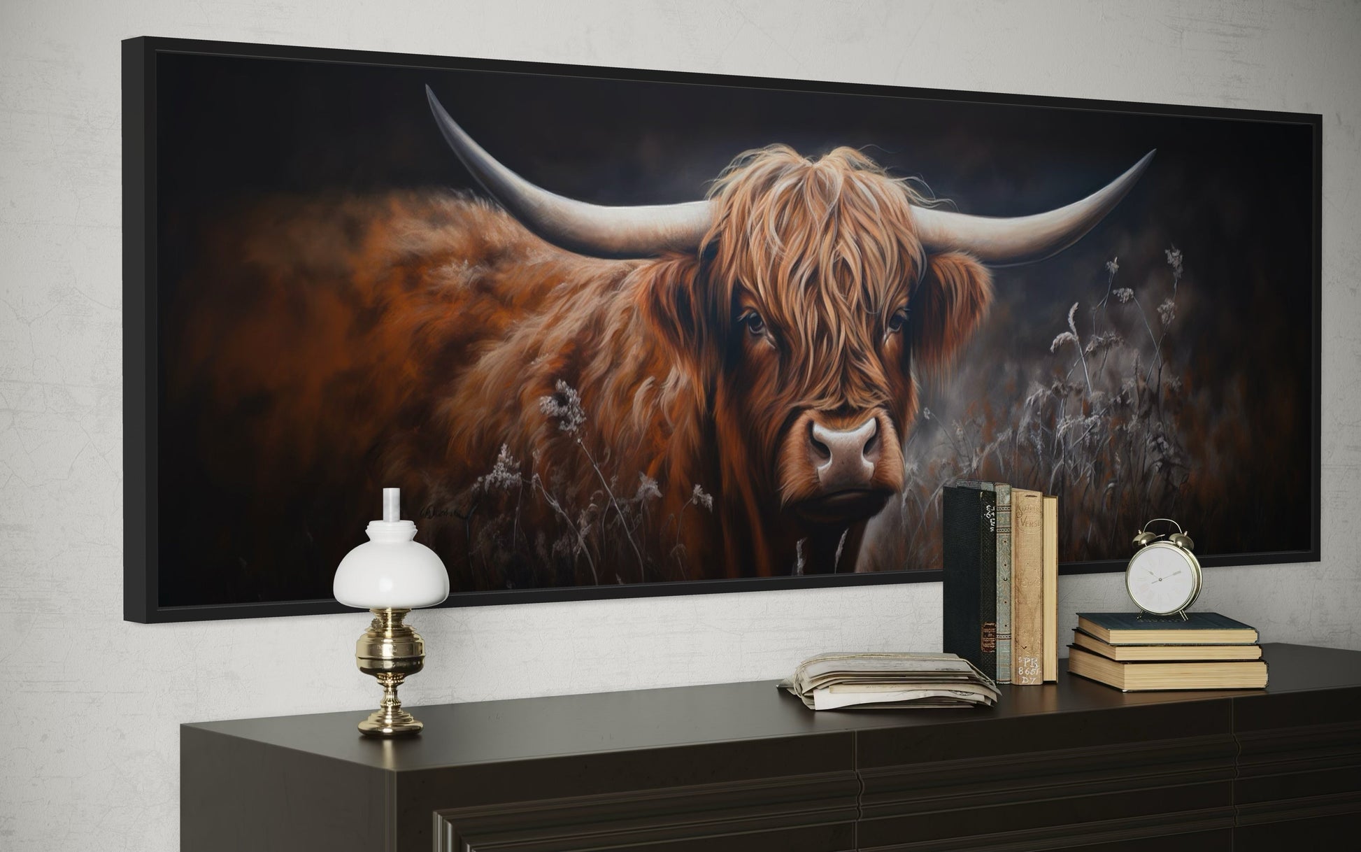 Dark Highland Cow In Grass Long Horizontal Canvas Wall Art Farmhouse Above Couch Decor
