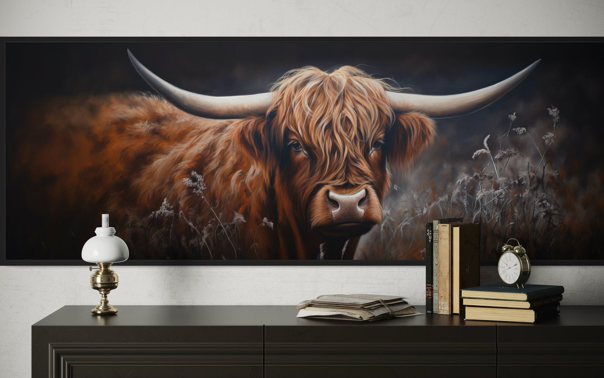 Dark Highland Cow In Grass Long Horizontal Canvas Wall Art Farmhouse Above Couch Decor