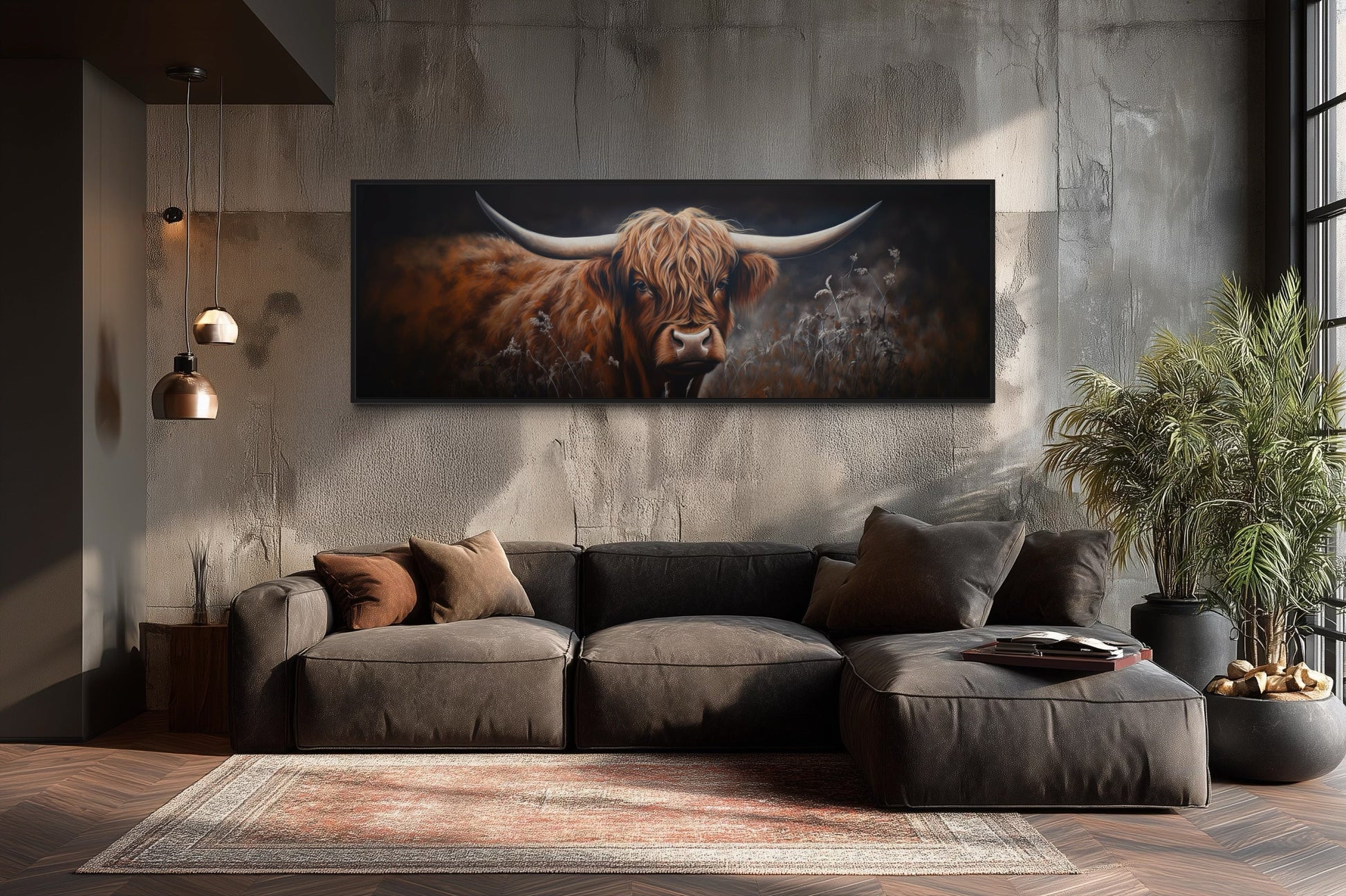 Dark Highland Cow In Grass Long Horizontal Canvas Wall Art Farmhouse Above Couch Decor