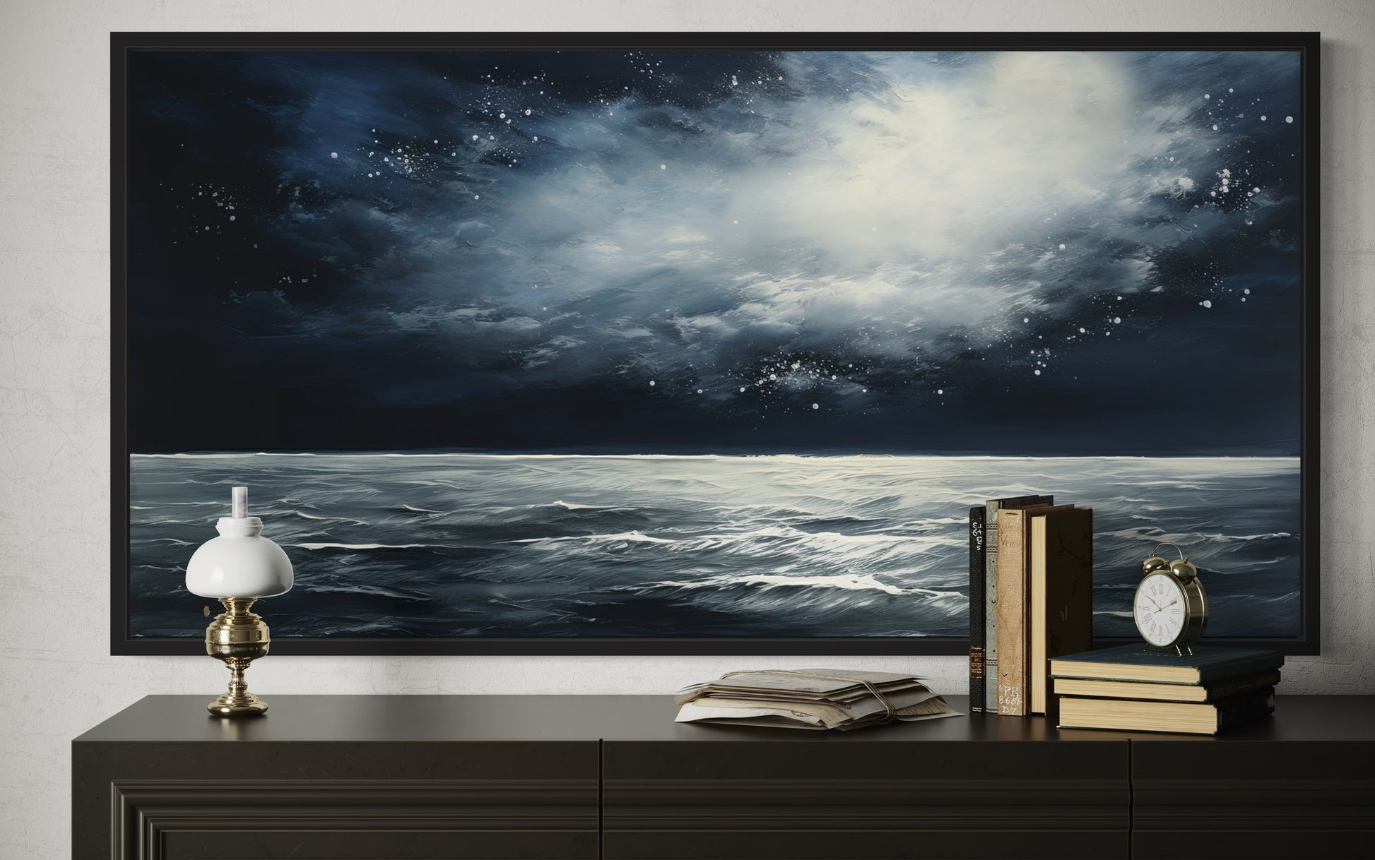 Dark Horizontal Starry Night Ocean Seascape Framed Canvas Wall Art