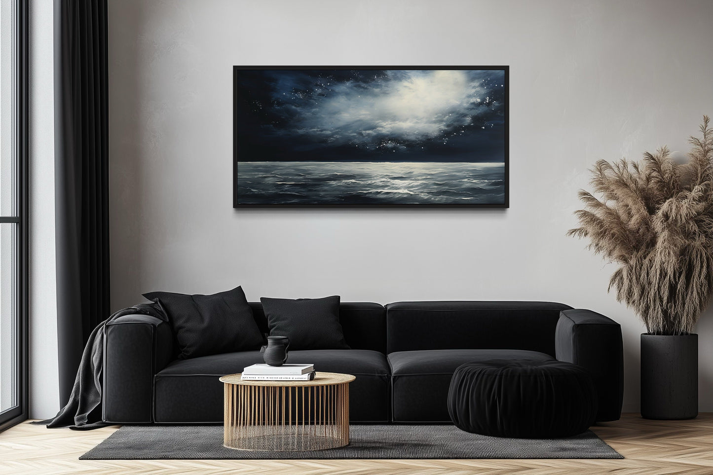 Dark Horizontal Starry Night Ocean Seascape Framed Canvas Wall Art