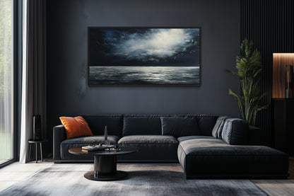 Dark Horizontal Starry Night Ocean Seascape Framed Canvas Wall Art