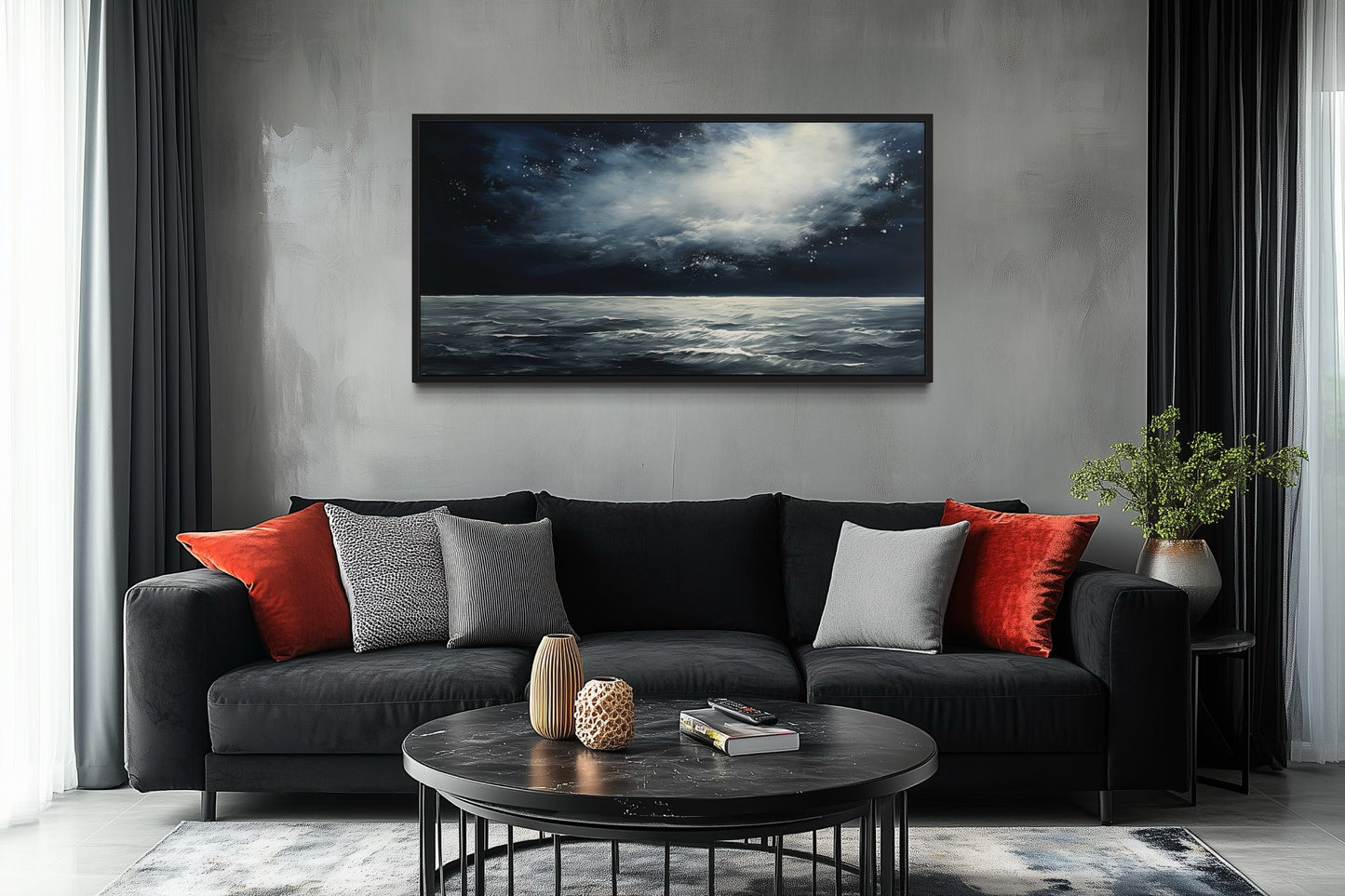 Dark Horizontal Starry Night Ocean Seascape Framed Canvas Wall Art