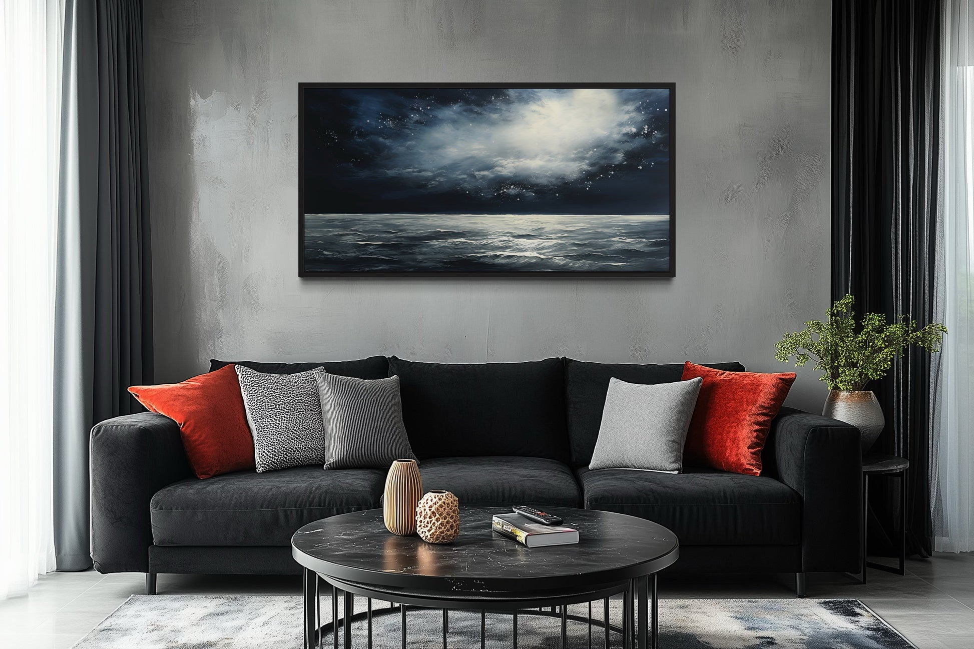 Dark Horizontal Starry Night Ocean Seascape Framed Canvas Wall Art