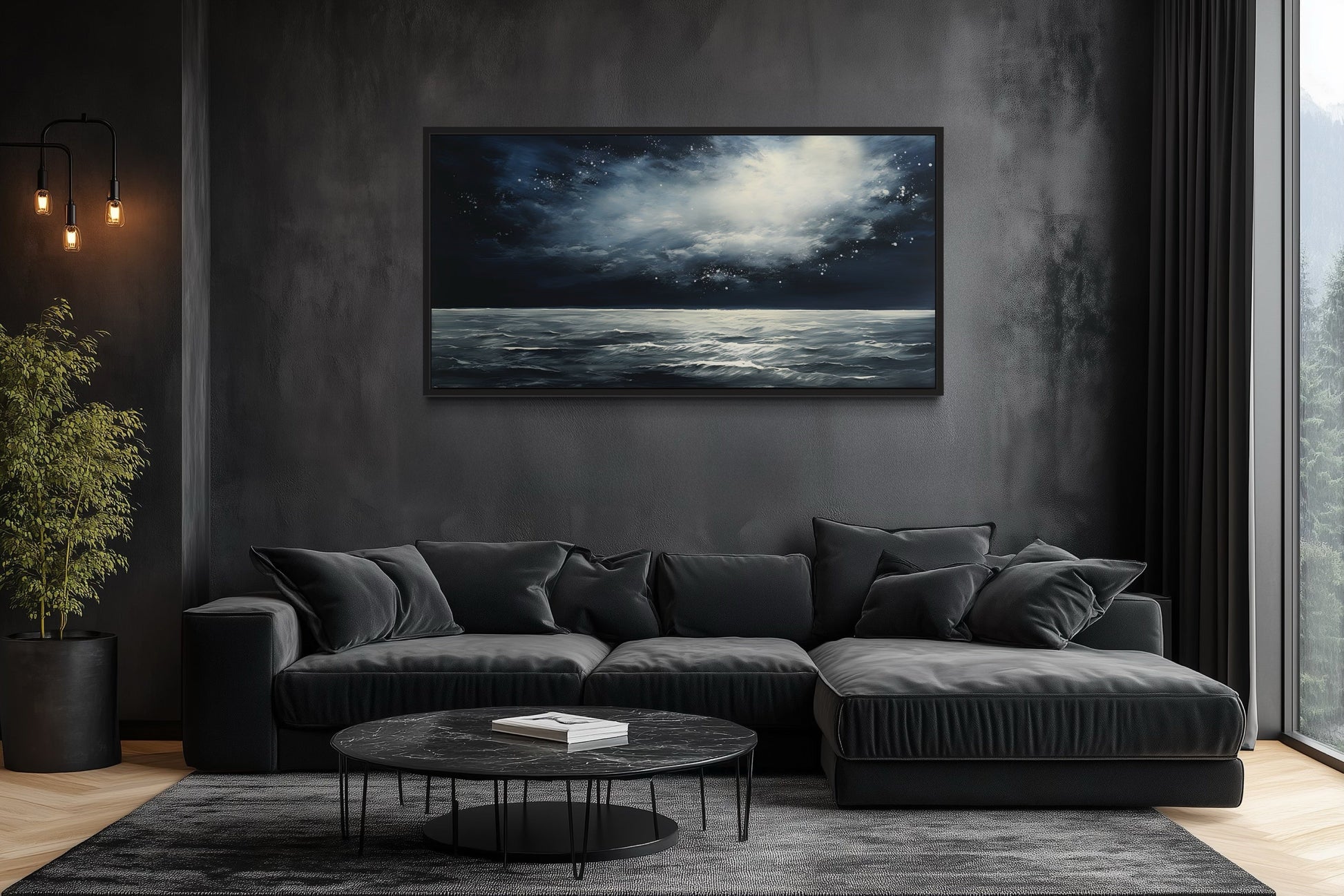Dark Horizontal Starry Night Ocean Seascape Framed Canvas Wall Art