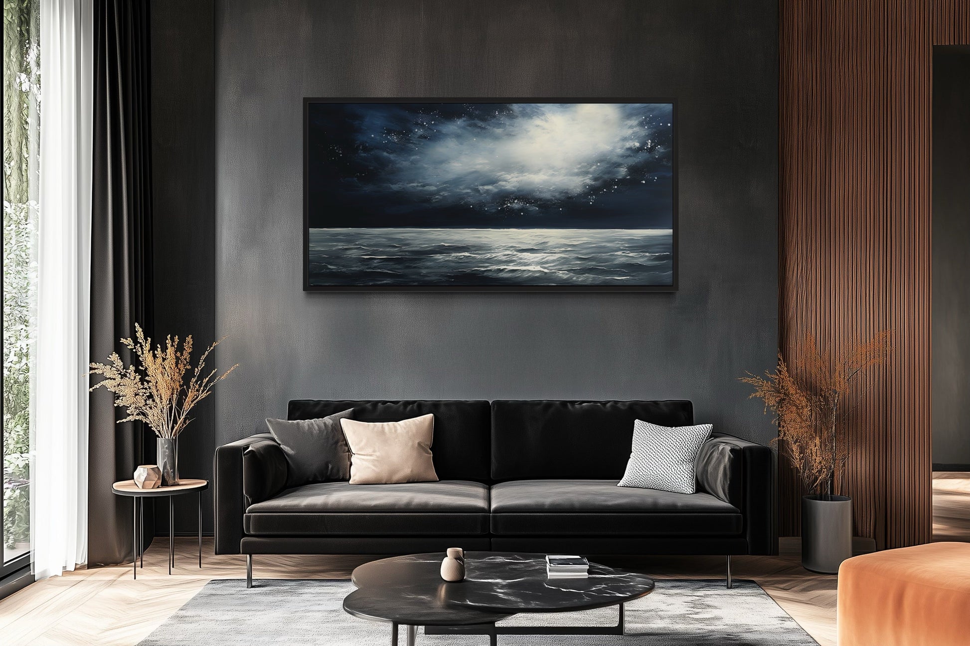 Dark Horizontal Starry Night Ocean Seascape Framed Canvas Wall Art