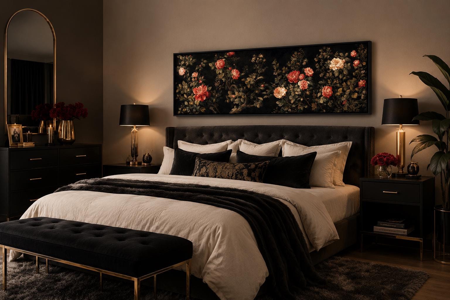 Dark Moody Floral Tapestry Wall Art – Garden Canvas Print With Red Cream Roses Long Horizontal Art