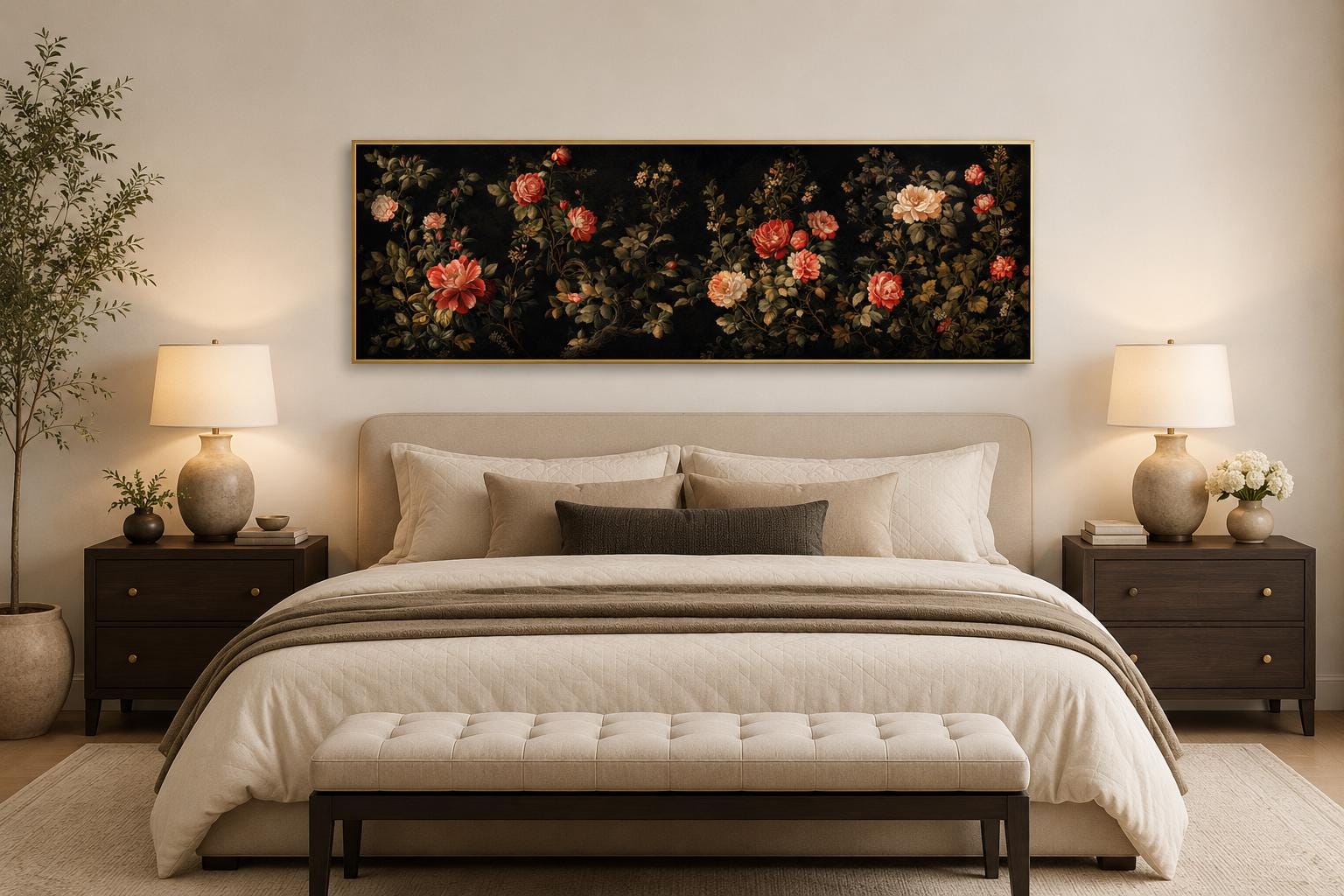 Dark Moody Floral Tapestry Wall Art – Garden Canvas Print With Red Cream Roses Long Horizontal Art