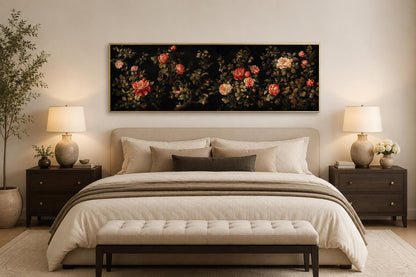 Dark Moody Floral Tapestry Wall Art – Garden Canvas Print With Red Cream Roses Long Horizontal Art