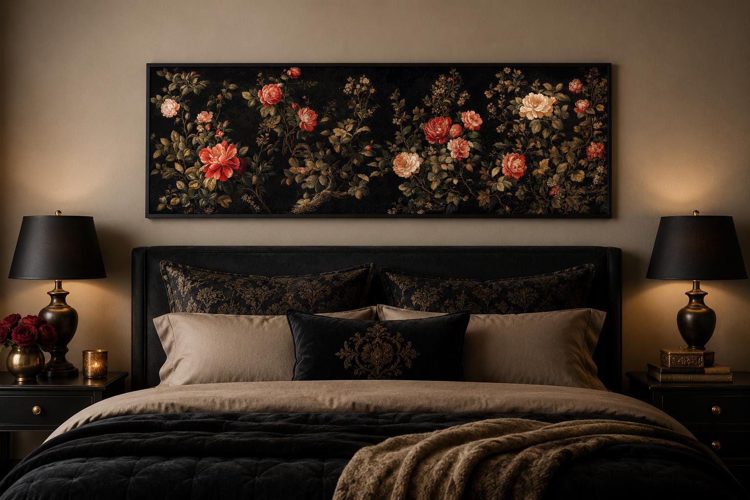 Dark Moody Floral Tapestry Wall Art – Garden Canvas Print With Red Cream Roses Long Horizontal Art