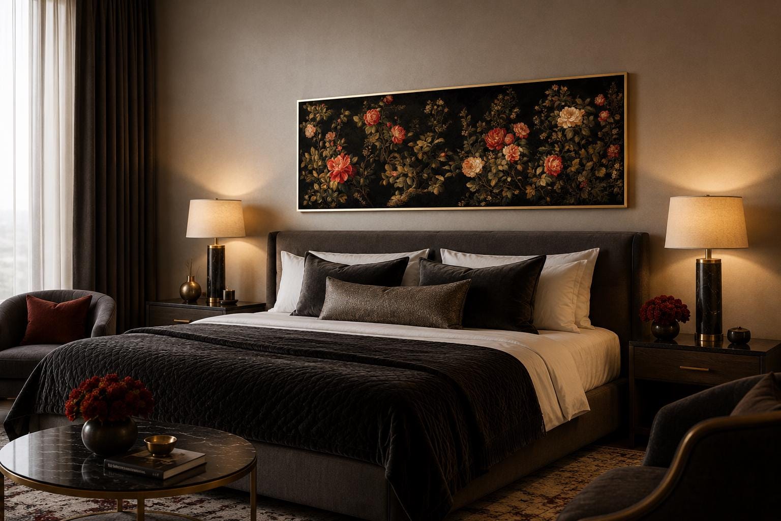 Dark Moody Floral Tapestry Wall Art – Garden Canvas Print With Red Cream Roses Long Horizontal Art