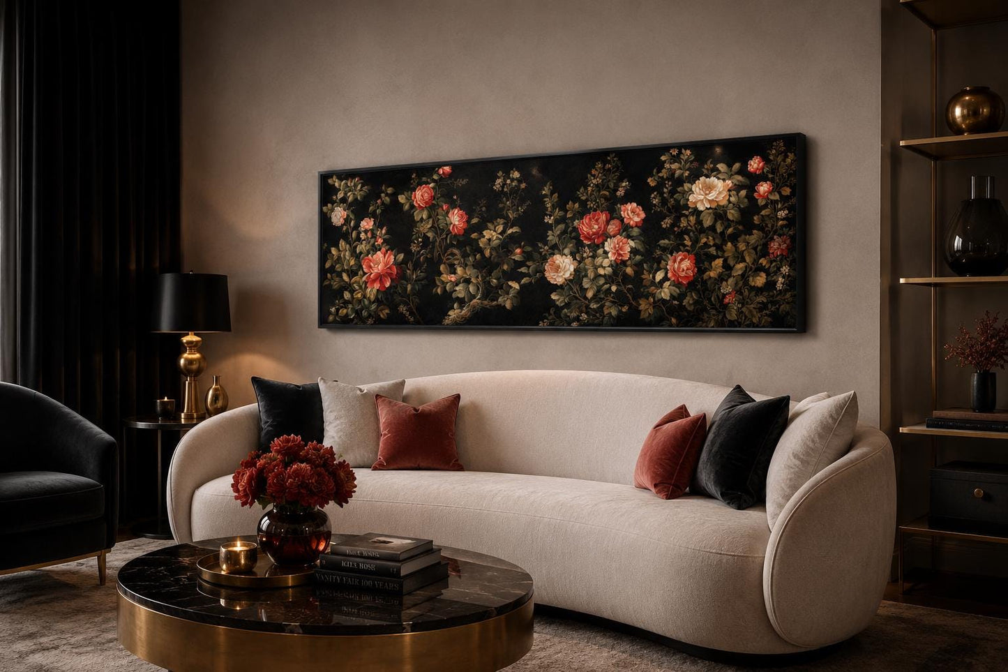 Dark Moody Floral Tapestry Wall Art – Garden Canvas Print With Red Cream Roses Long Horizontal Art