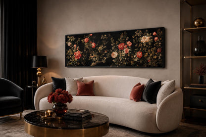 Dark Moody Floral Tapestry Wall Art – Garden Canvas Print With Red Cream Roses Long Horizontal Art