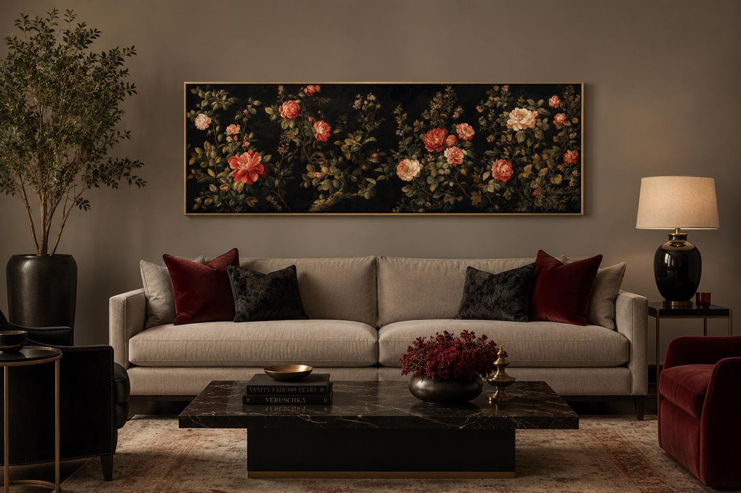 Dark Moody Floral Tapestry Wall Art – Garden Canvas Print With Red Cream Roses Long Horizontal Art
