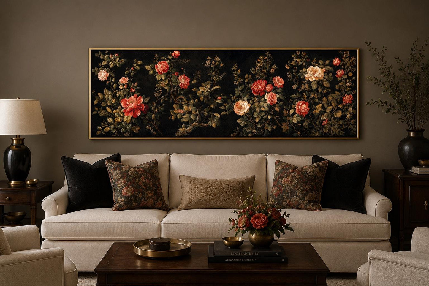 Dark Moody Floral Tapestry Wall Art – Garden Canvas Print With Red Cream Roses Long Horizontal Art