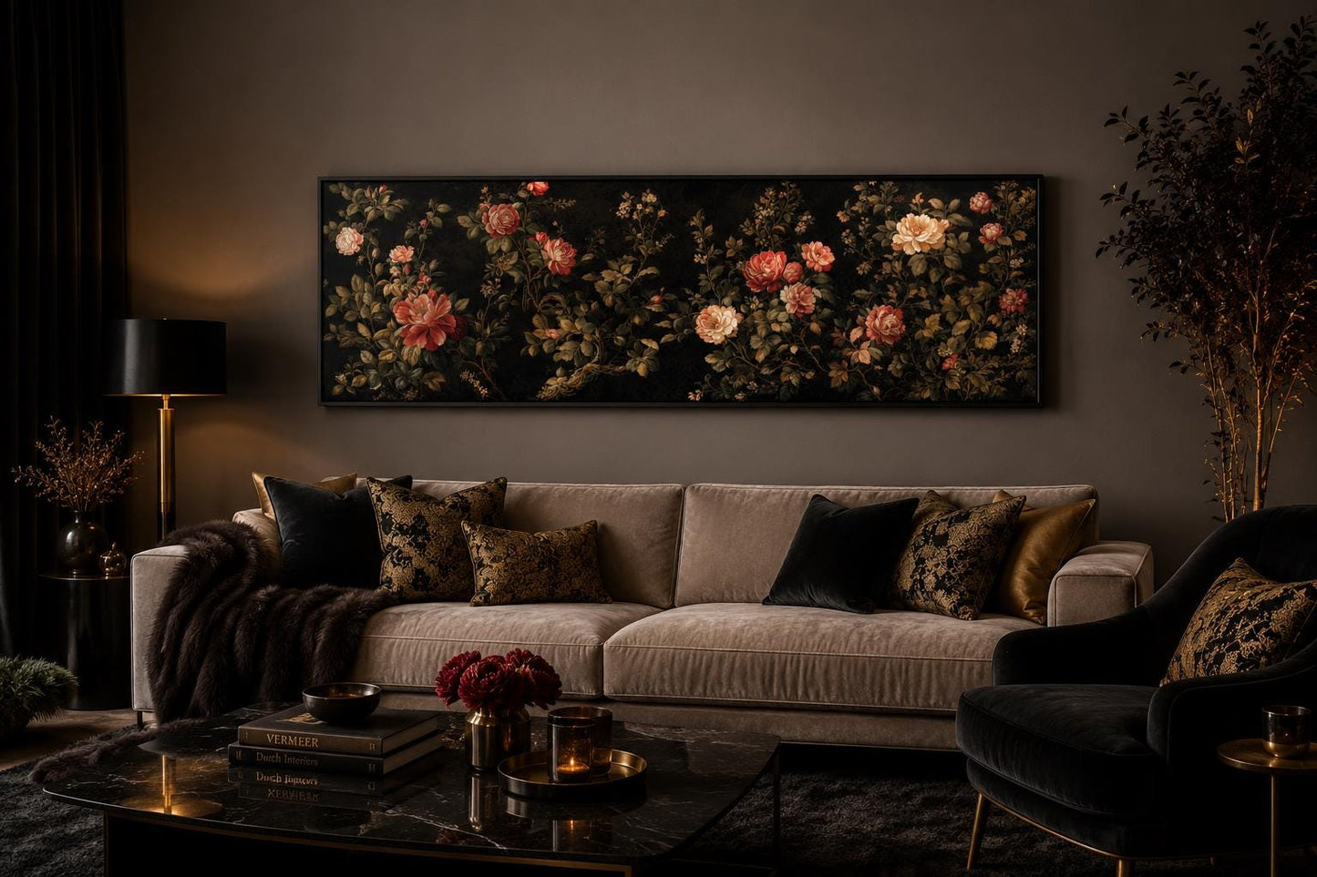 Dark Moody Floral Tapestry Wall Art – Garden Canvas Print With Red Cream Roses Long Horizontal Art