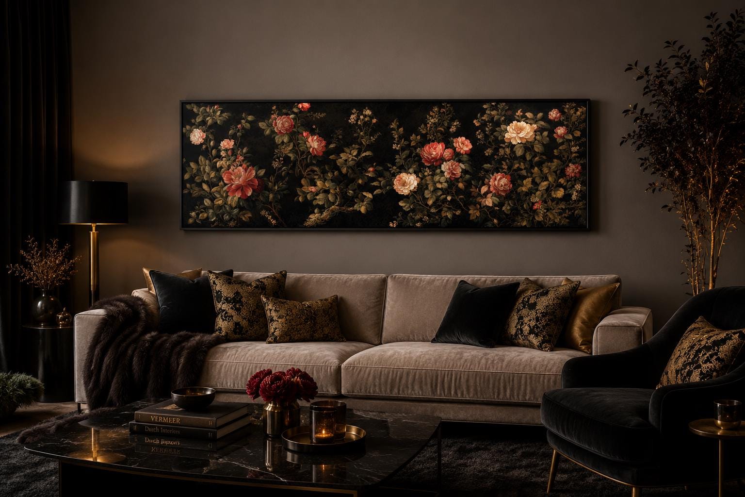 Dark Moody Floral Tapestry Wall Art – Garden Canvas Print With Red Cream Roses Long Horizontal Art