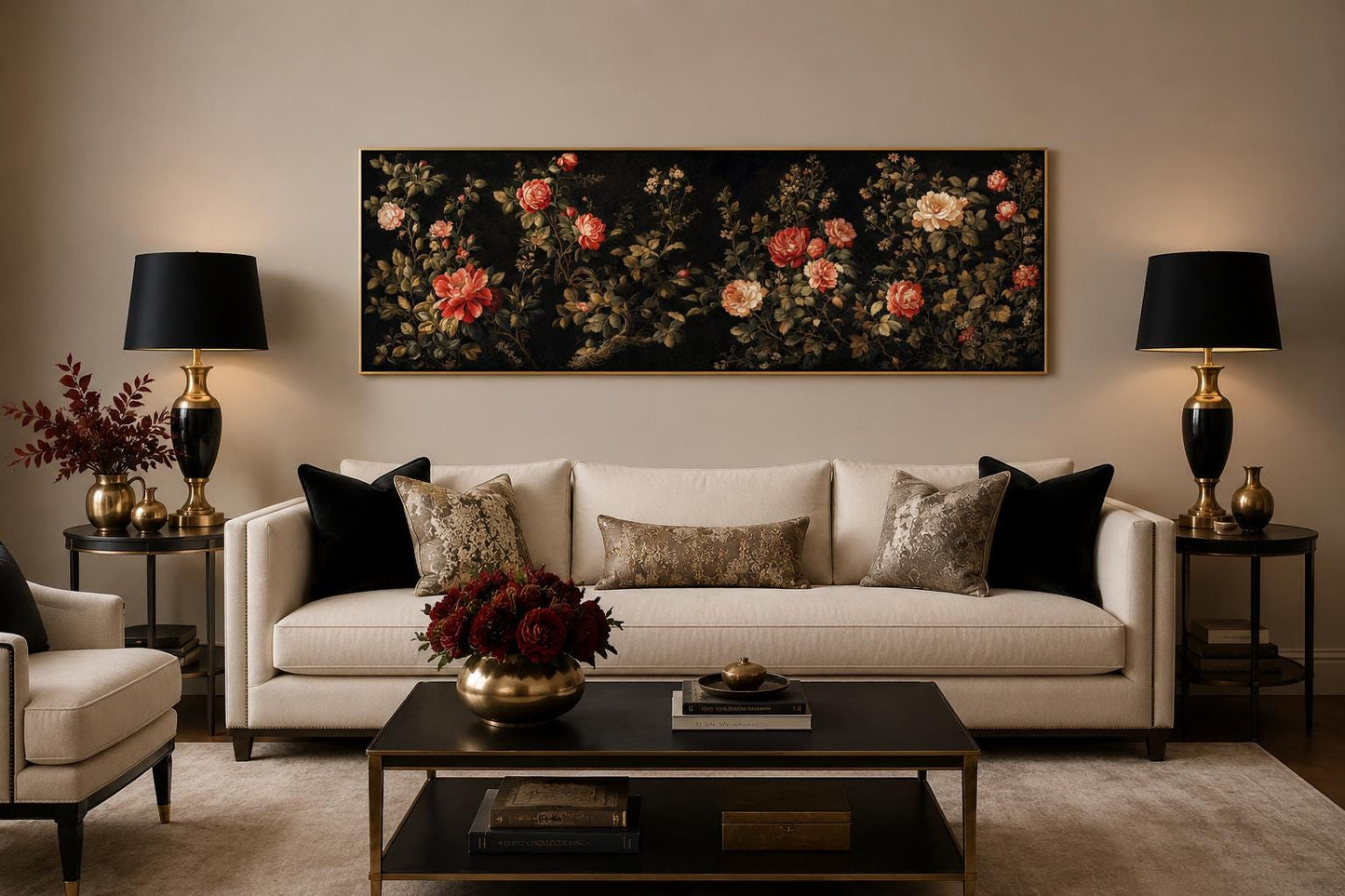 Dark Moody Floral Tapestry Wall Art – Garden Canvas Print With Red Cream Roses Long Horizontal Art